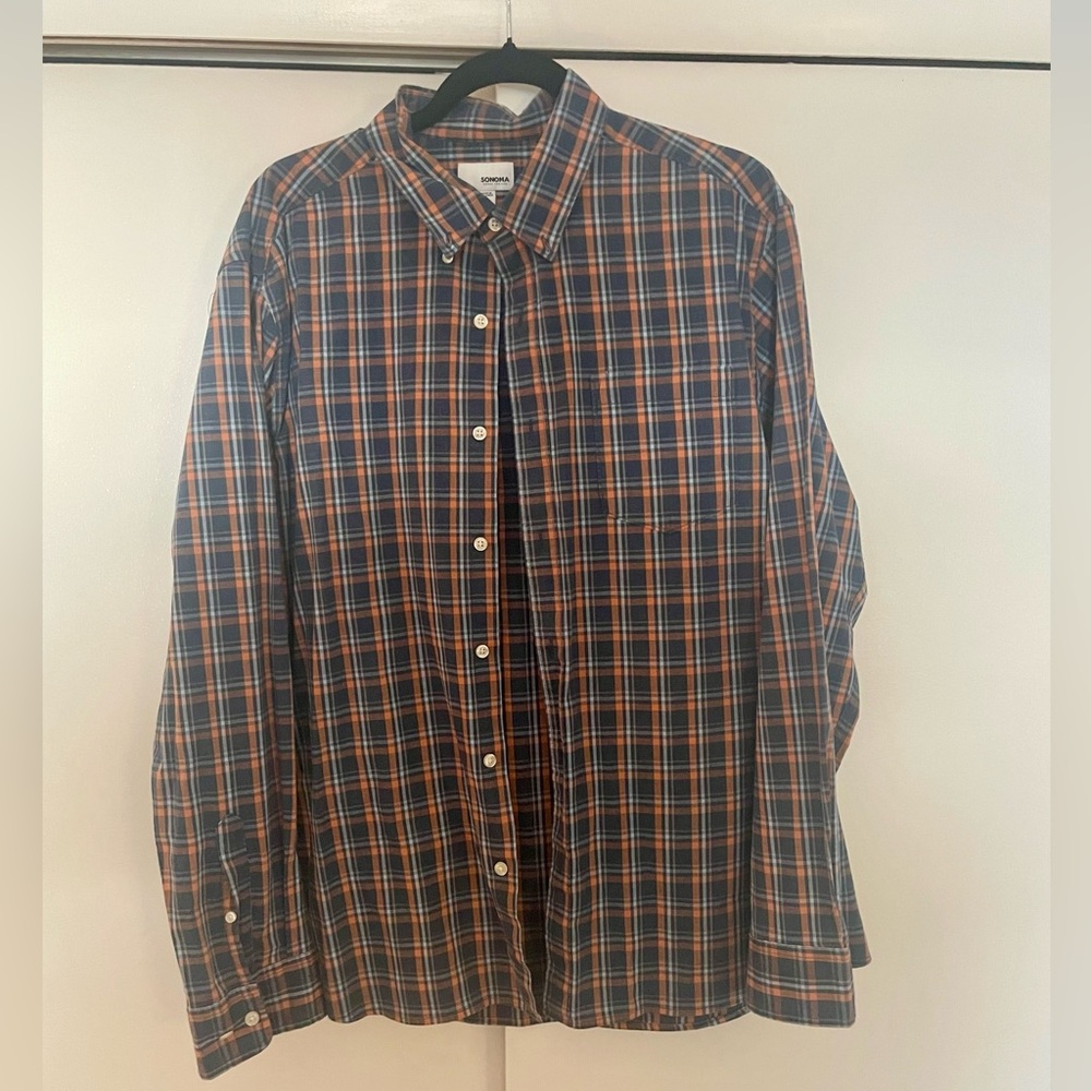 Sonoma Men's Navy and Orange Plaid Button-Down Shirt